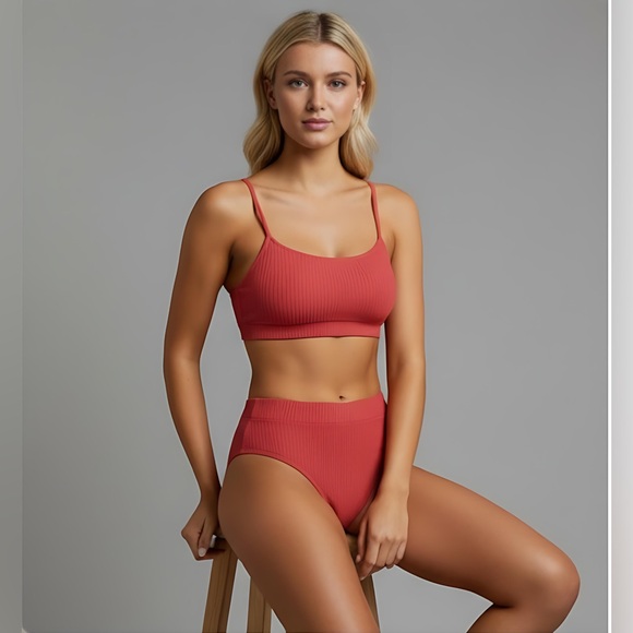 Watermelon Pink Ribbed High Waist Bikini Bathing Suit - Picture 4 of 7